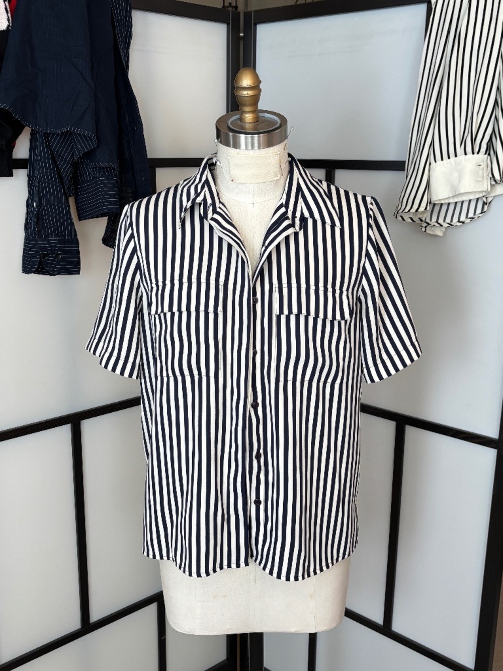Vintage Alfred Dunner Navy Stripe Button Up Blouse Size 14